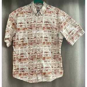 Vintage Woolrich Men's Short Sleeve Tan Rust Fish Lures Button Down Shirt SZ Med